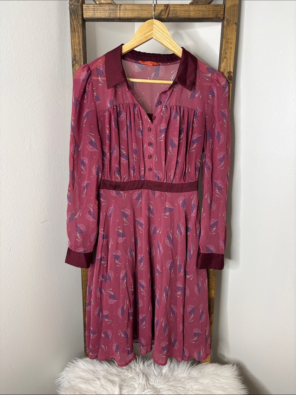 Modcloth Vintage Style Burgundy Pink Long Sleeve Printed Collared Dress Size S